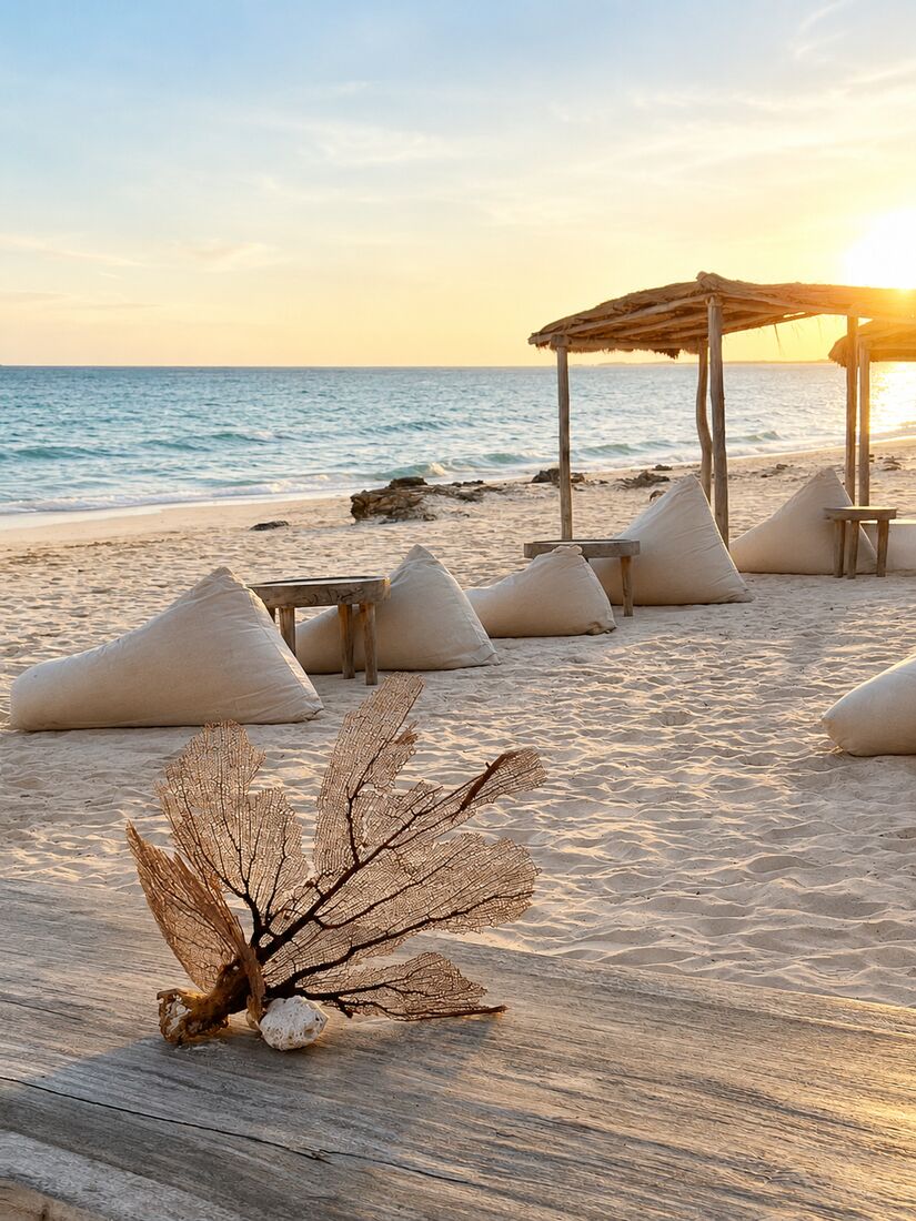 Sunset over the beach lounge at Amansala Tulum