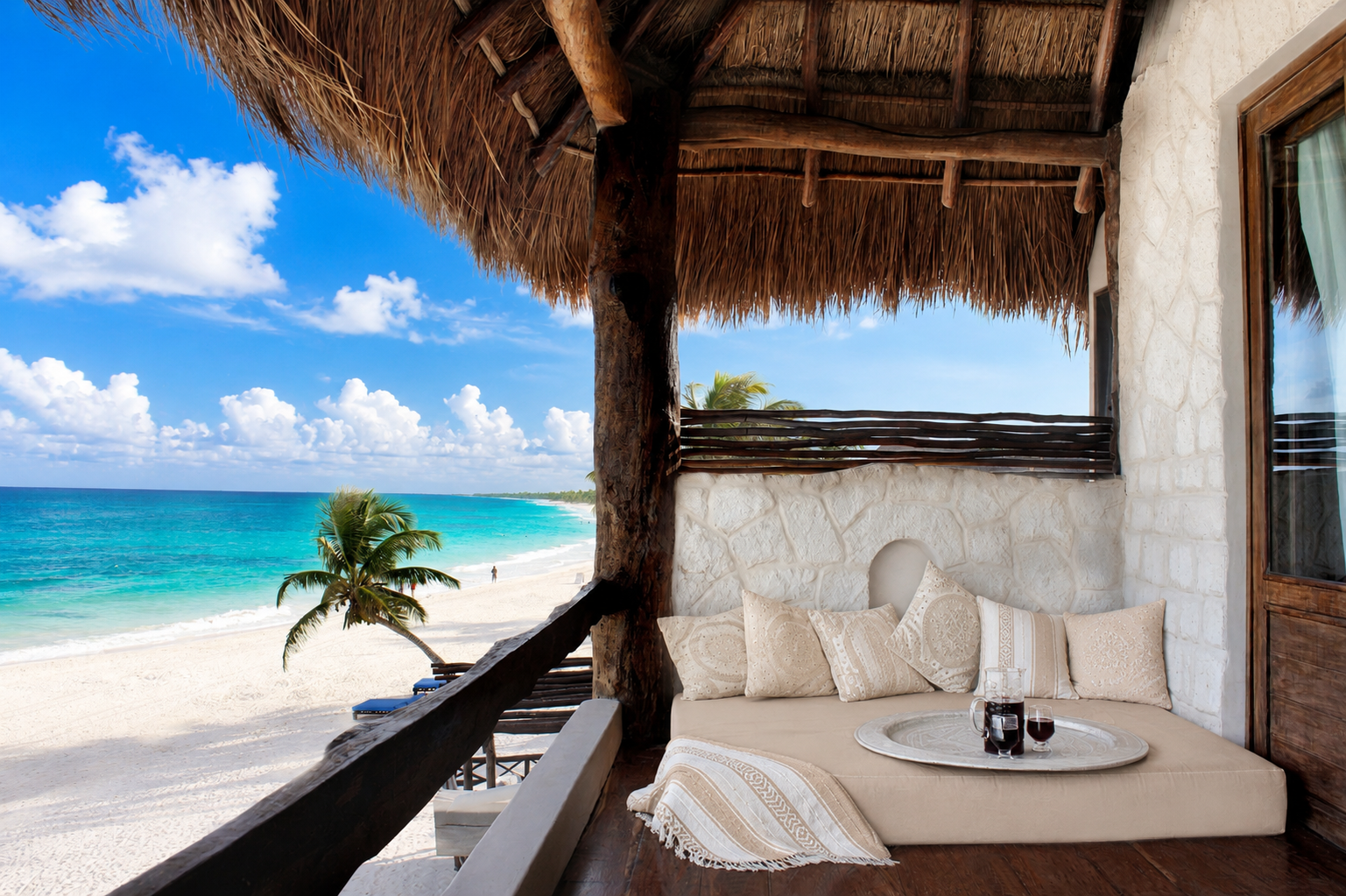 Beachfront balcony with sofa and thatched roof at Amansala