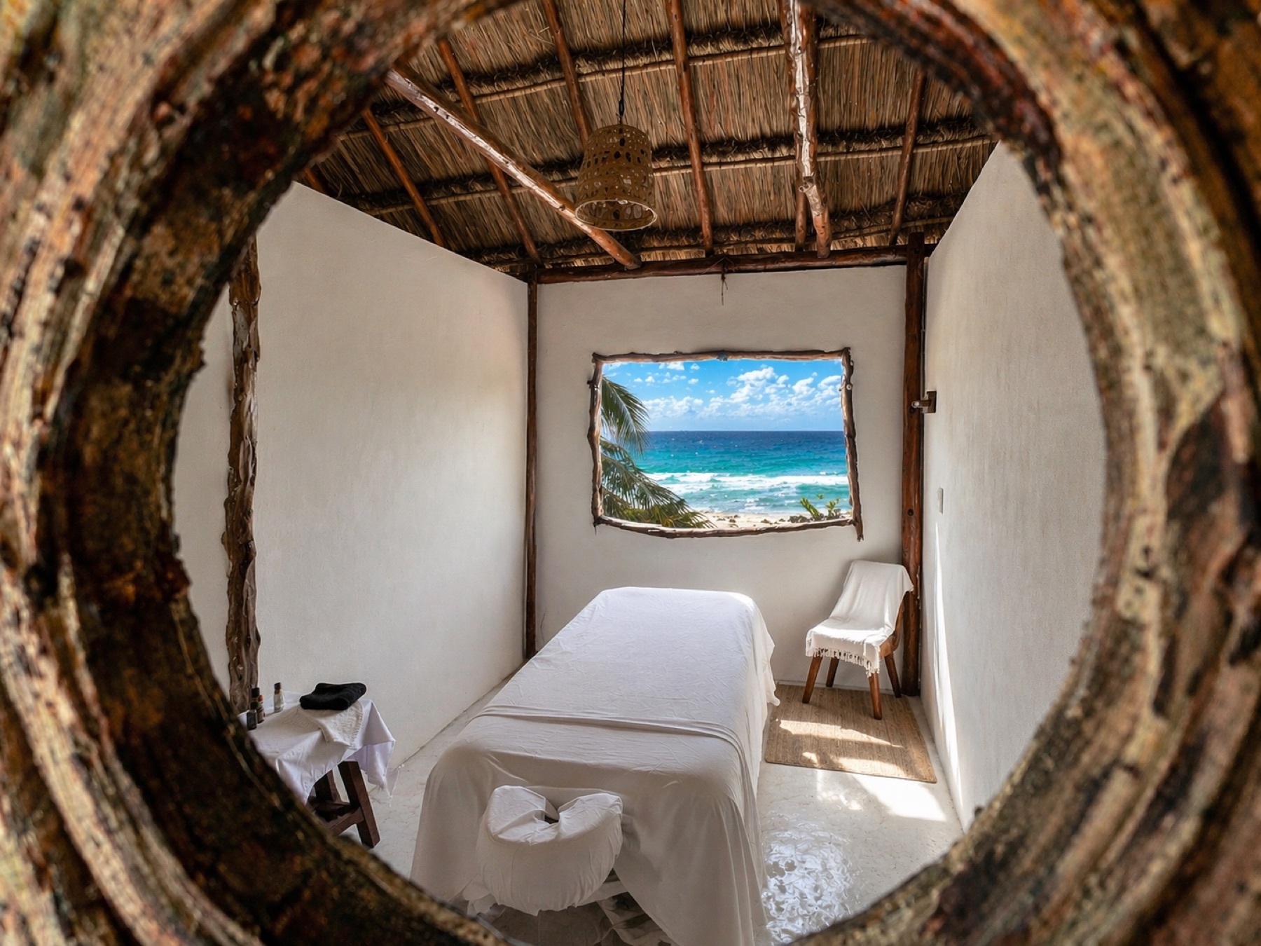 Amansala spa room round arched window Tulum