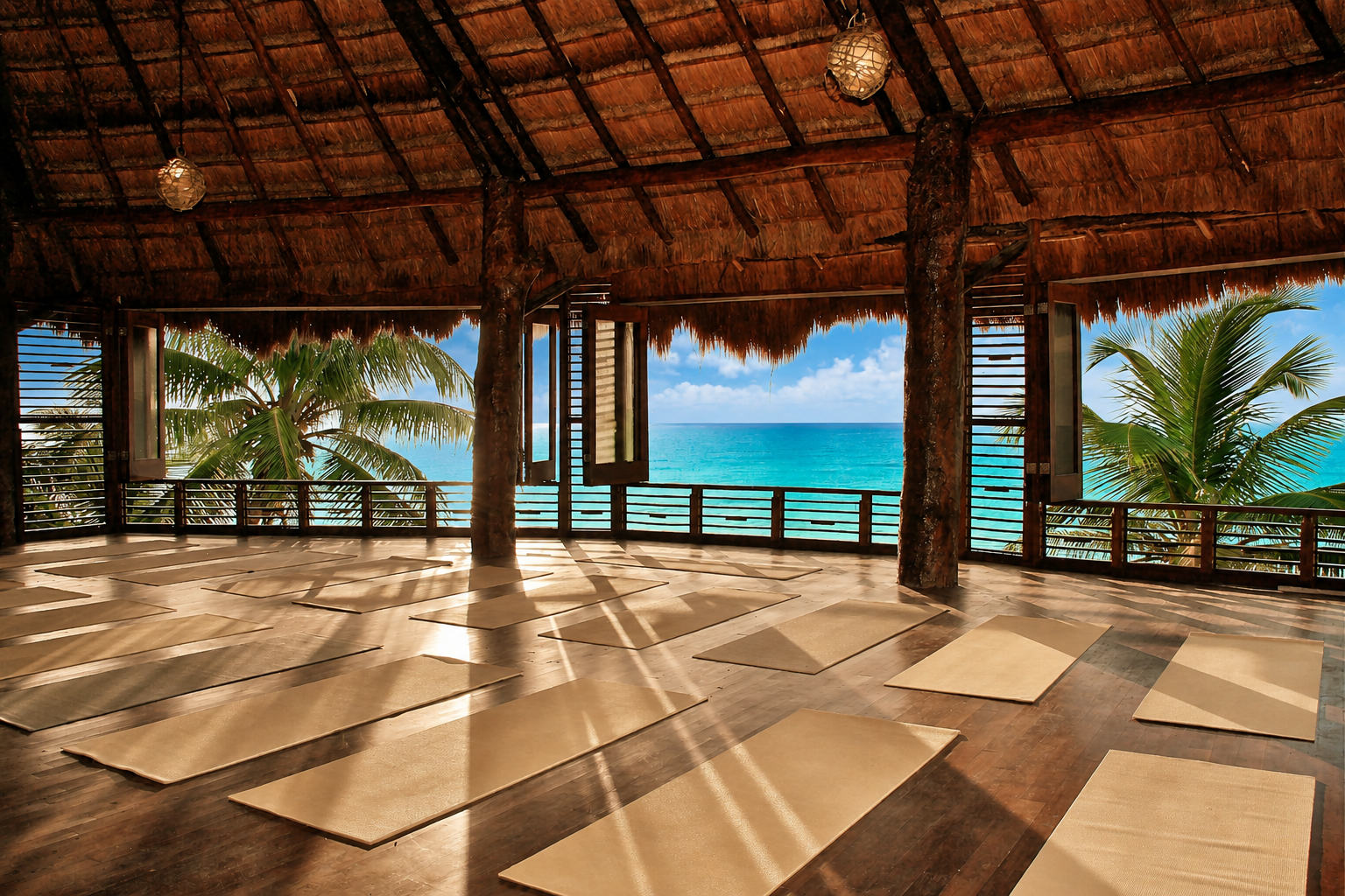 Yoga shala with mats set for practice at Amansala