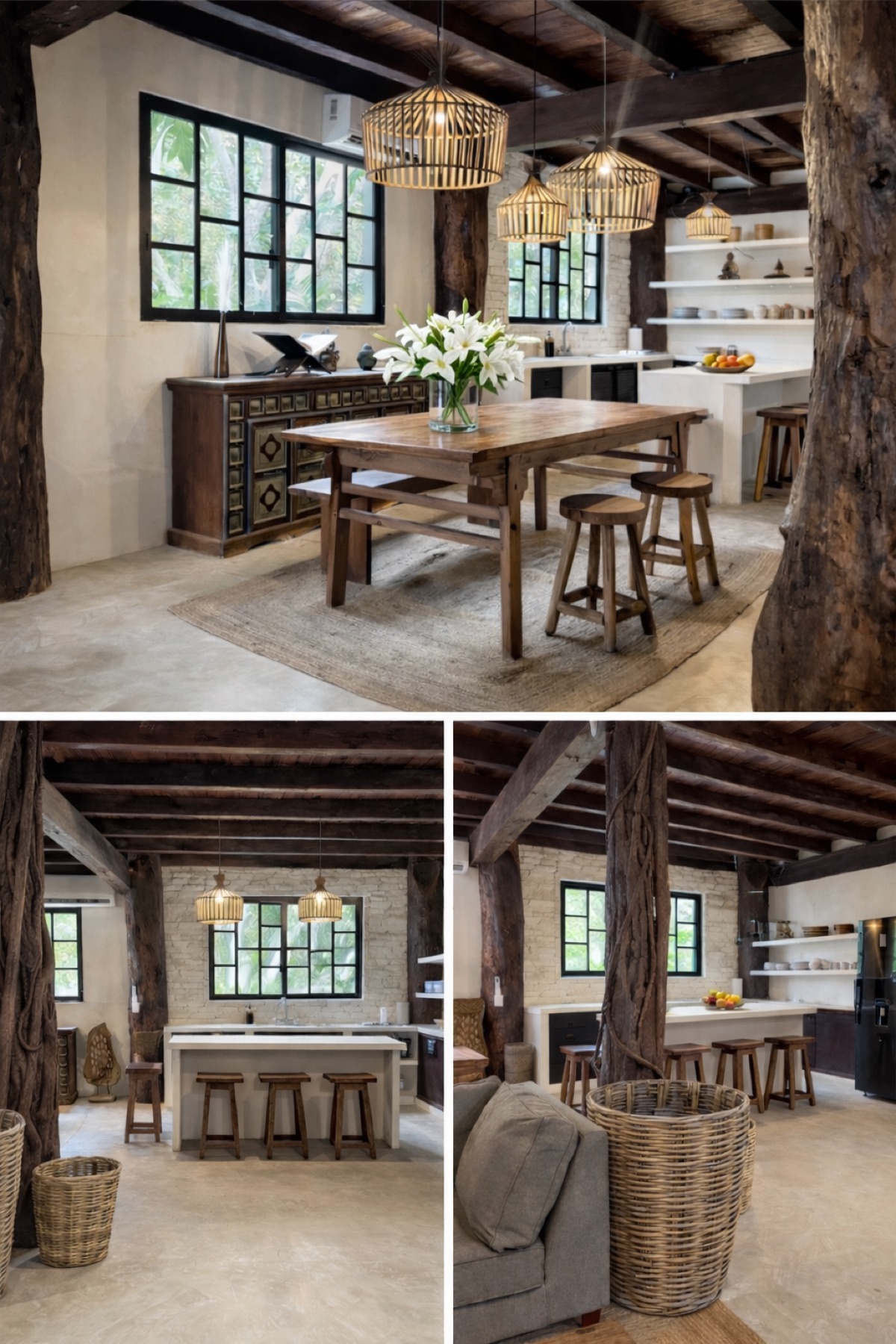 Casa Grande dining room with tree trunks and kitchen – Amansala Tulum