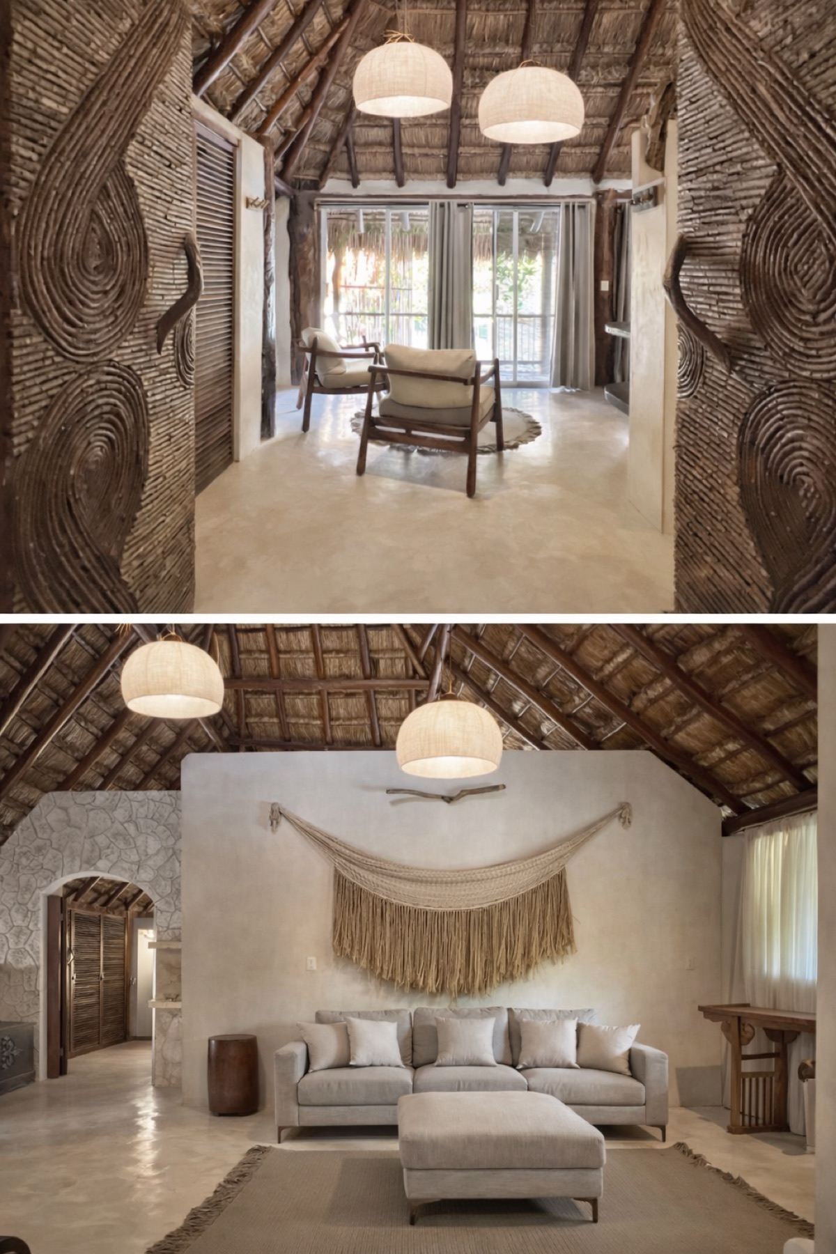 Casa Grande entrance hall with rattan art and lounge – Amansala Tulum