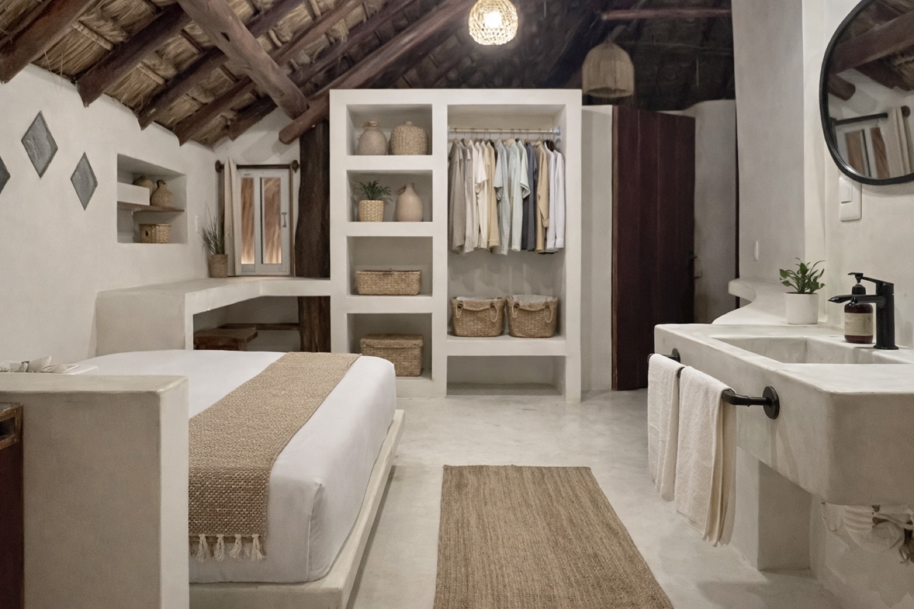 Casa Grande king bedroom with open wardrobe – Amansala Tulum