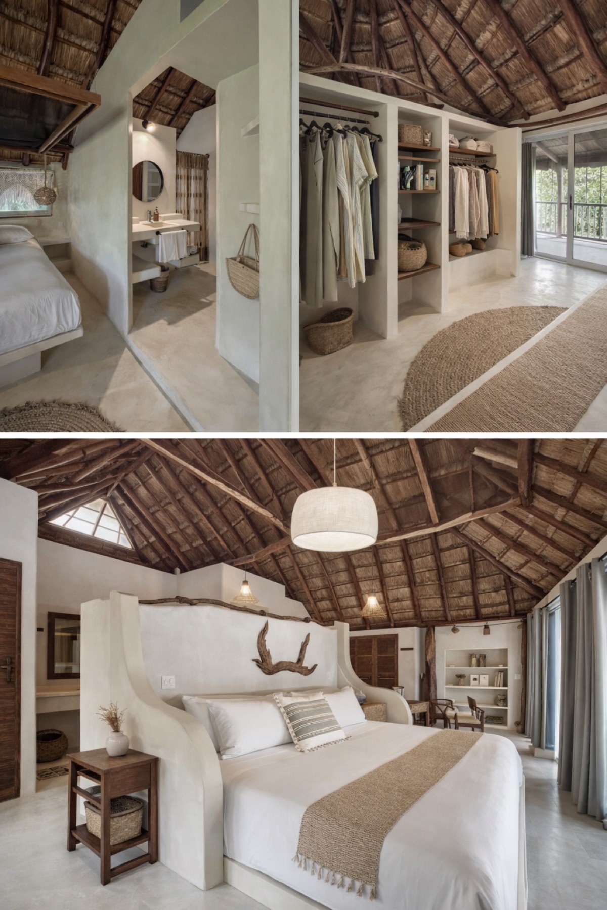 Casa Grande suite bedroom with driftwood headboard – Amansala Tulum