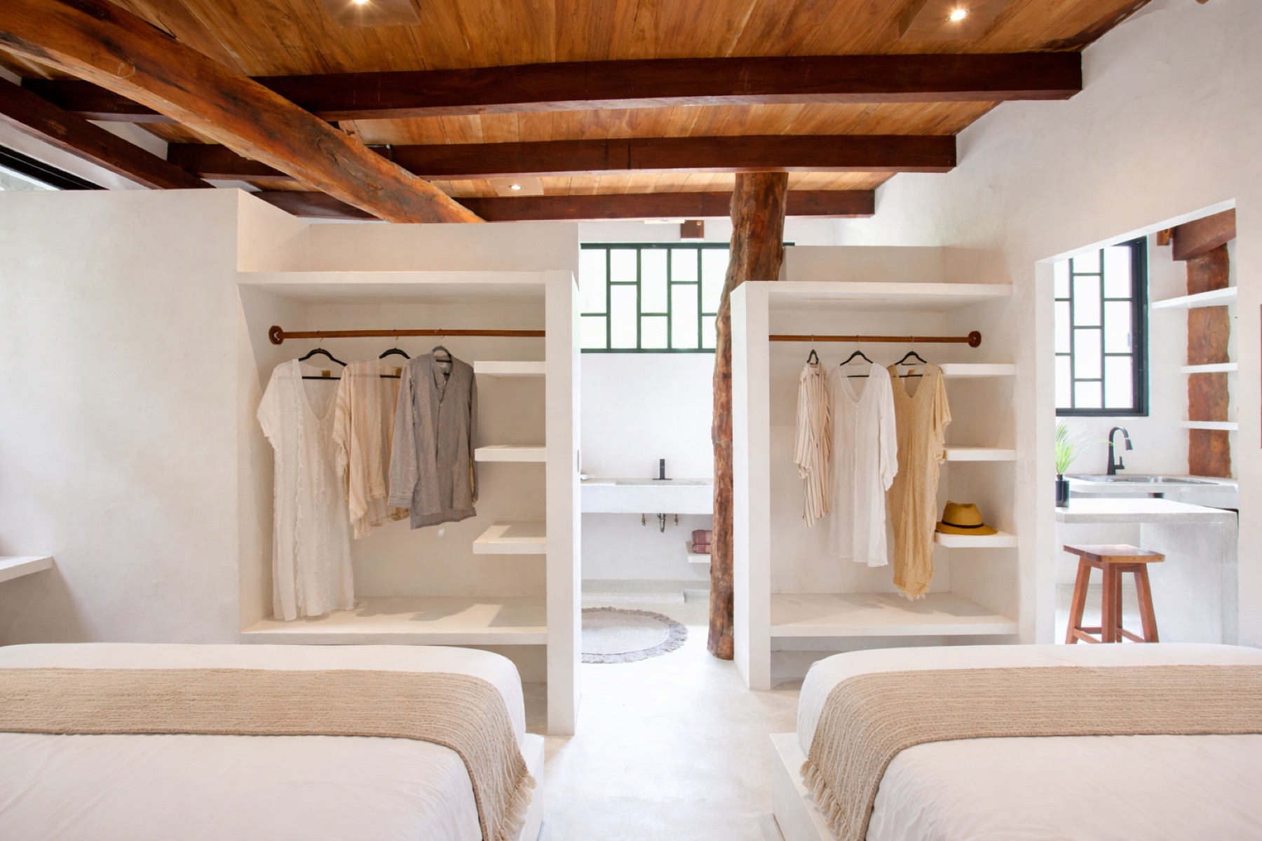 Casa Shanti open wardrobes and bathroom – Amansala Tulum