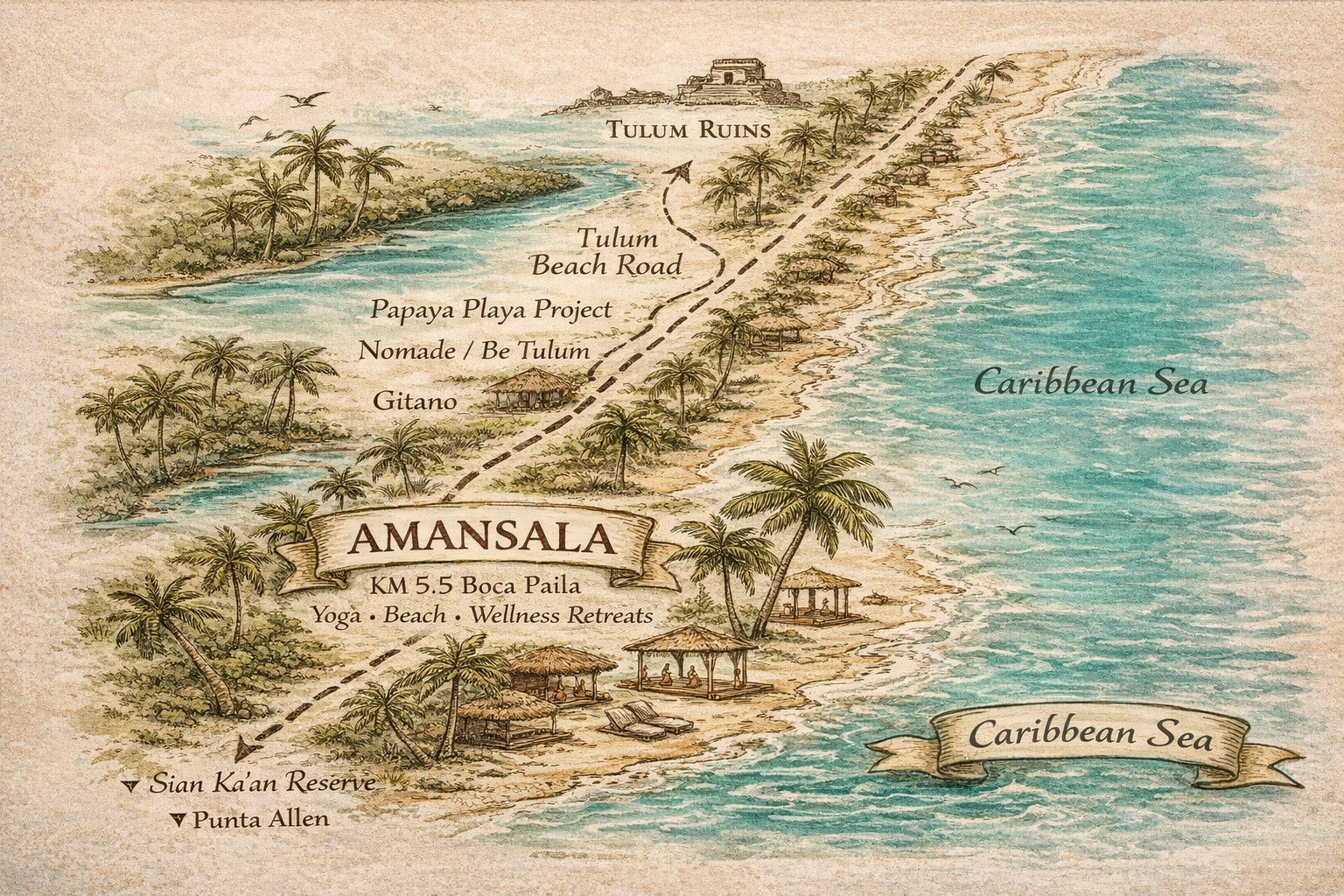 Amansala location map — Tulum beach