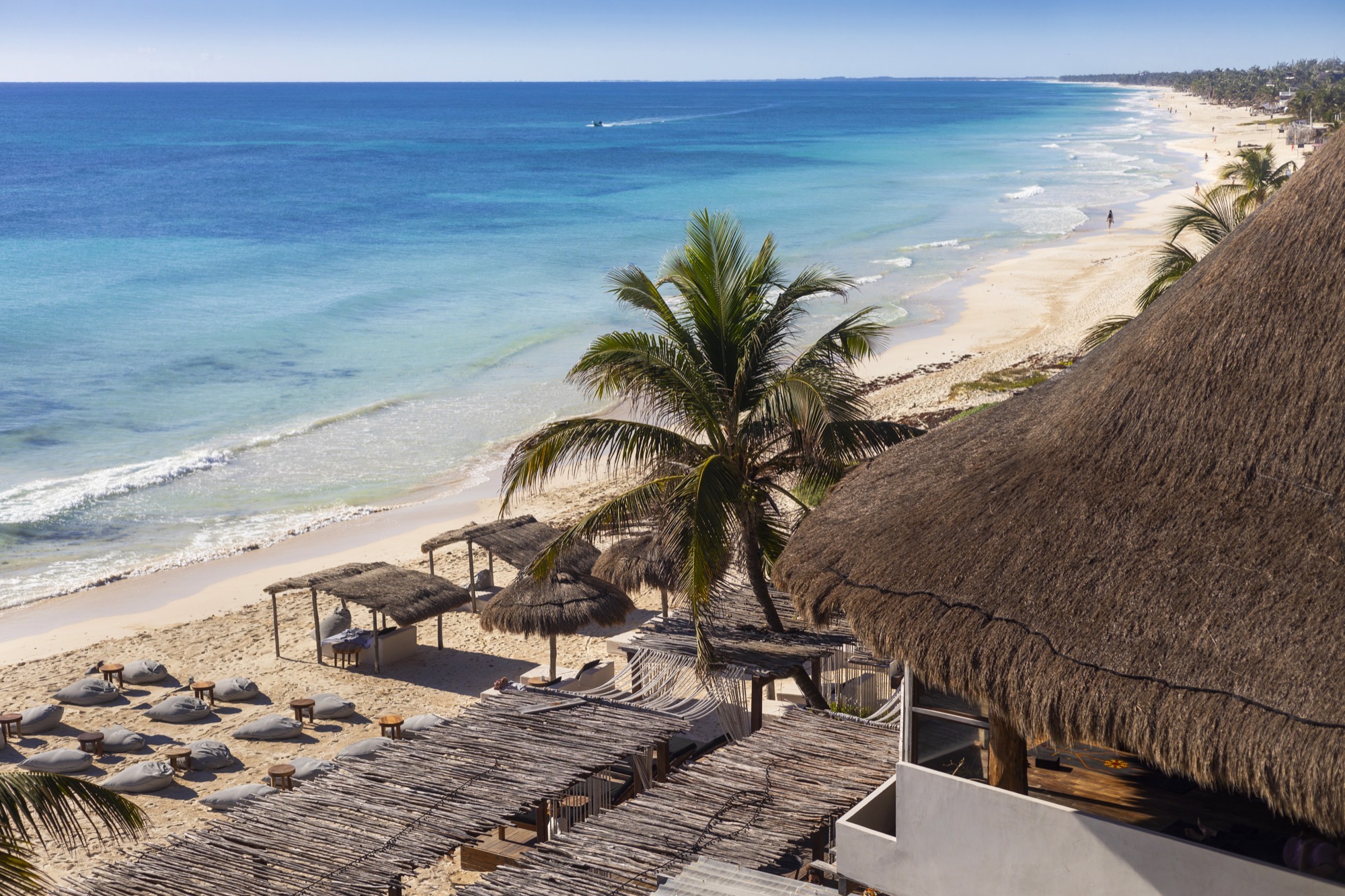 Beachfront lounge with daybeds and hammocks at Amansala