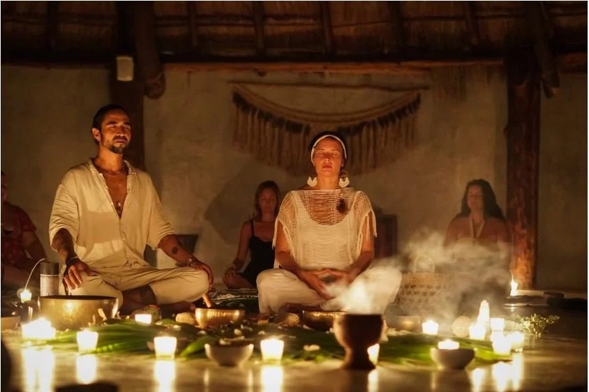 Cacao and sound healing ceremony Amansala Tulum bachelorette group
