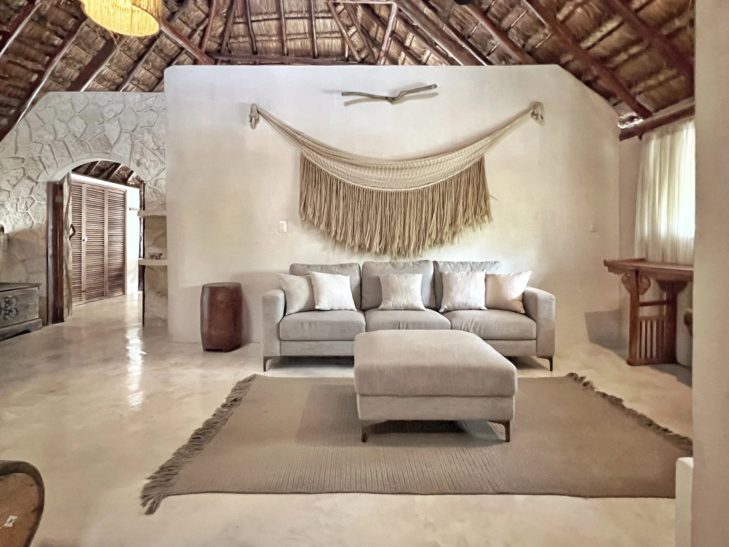 Beachfront villa living space Amansala Tulum bachelorette group house