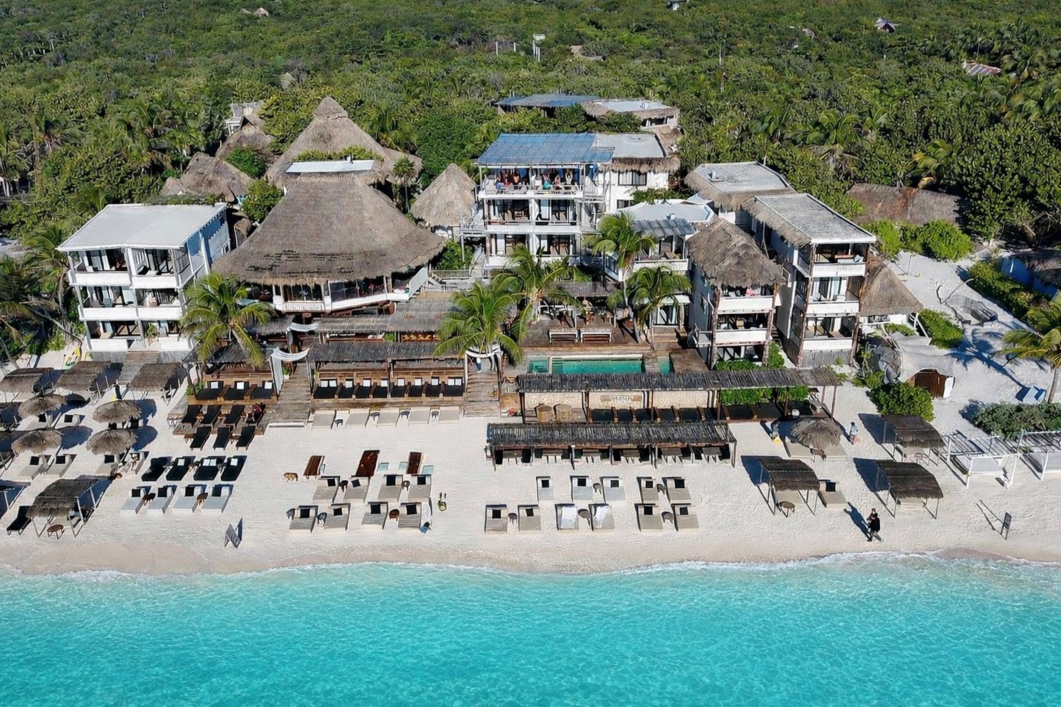 Aerial view of Amansala Eco Chic Resort on the beach in Tulum, Mexico