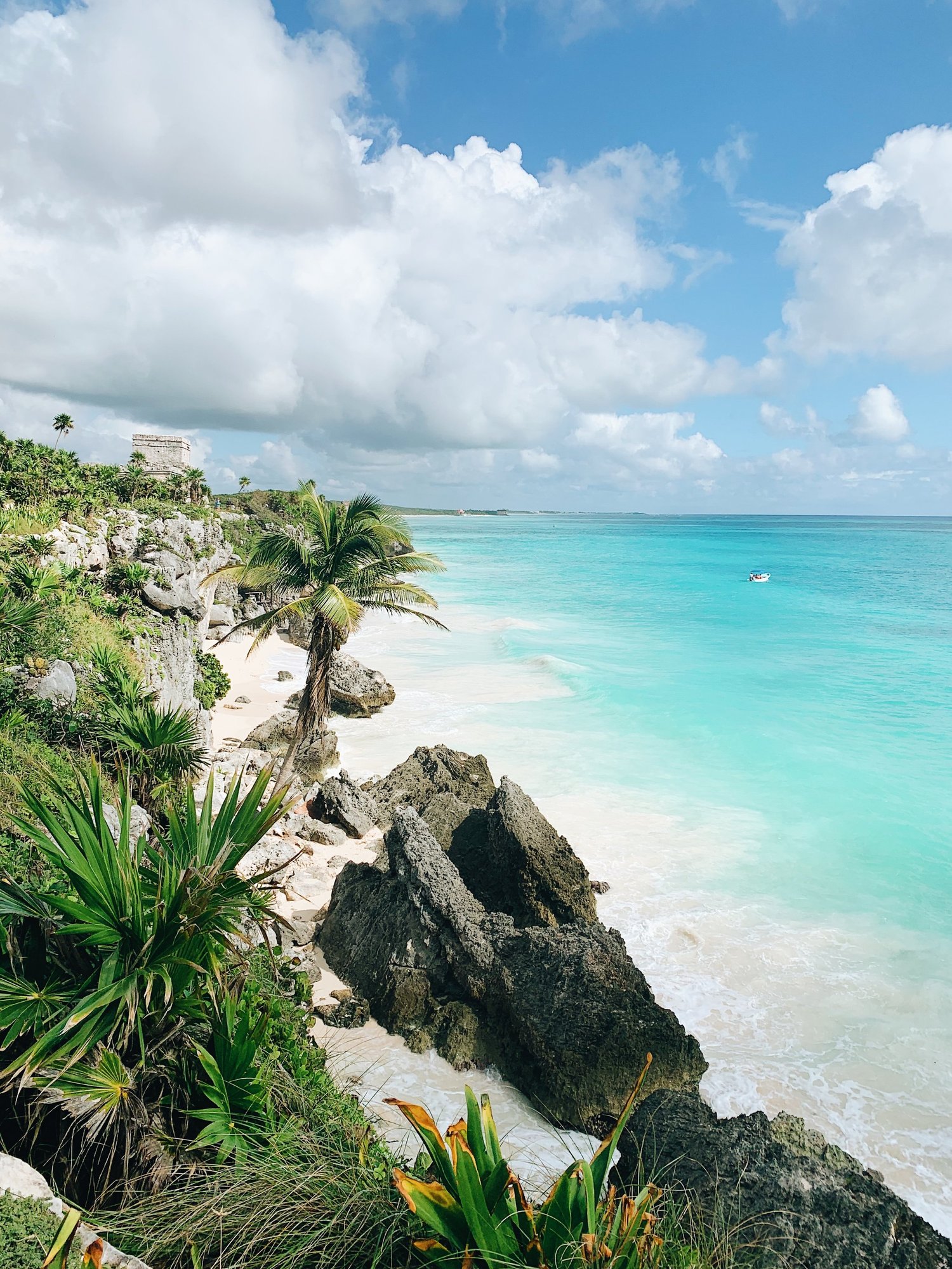 Ancient Mayan ruins overlooking the Caribbean Sea in Tulum, Mexico
