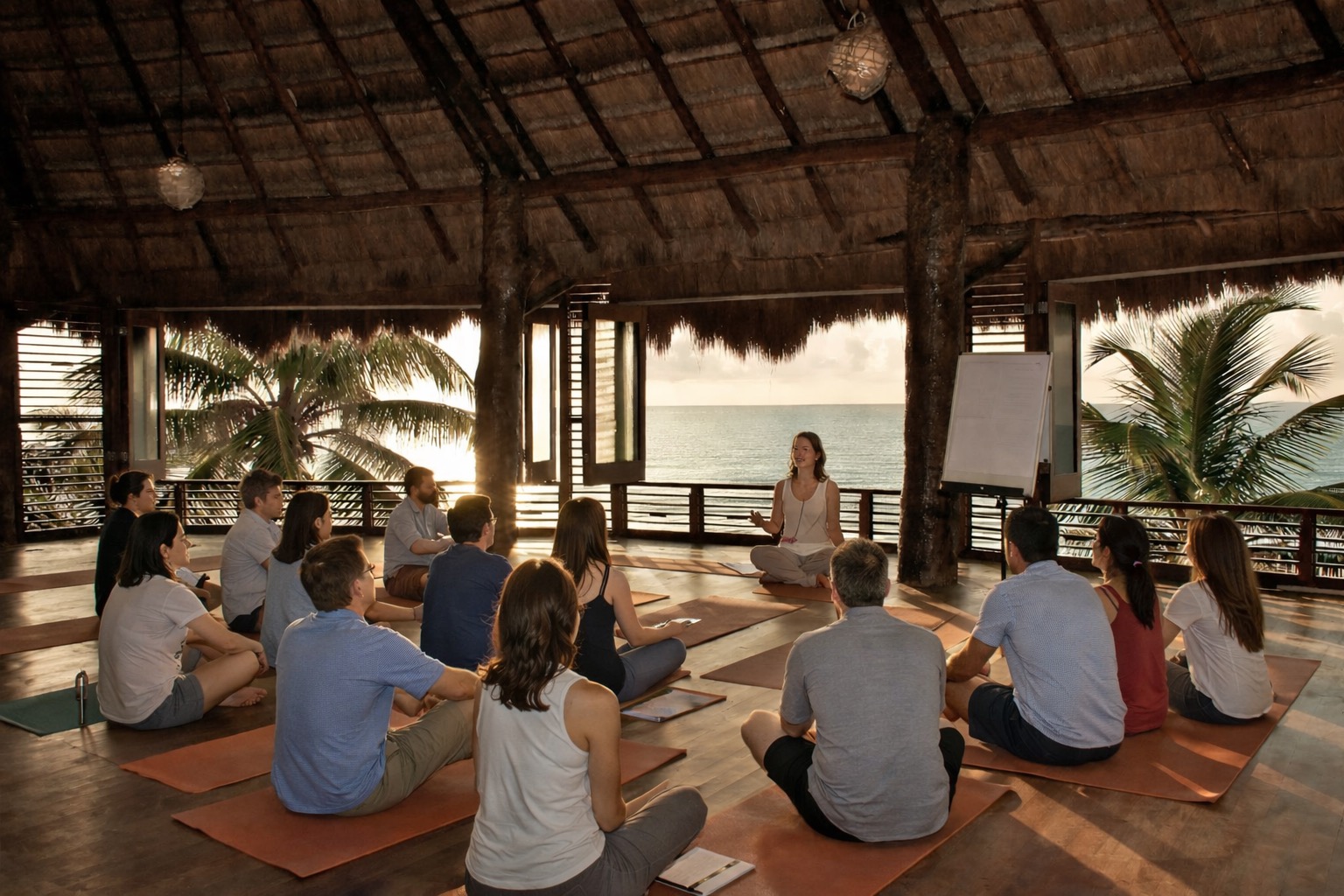 Remote team gathered beachfront in a palapa yoga shala in Tulum, Mexico for a corporate retreat