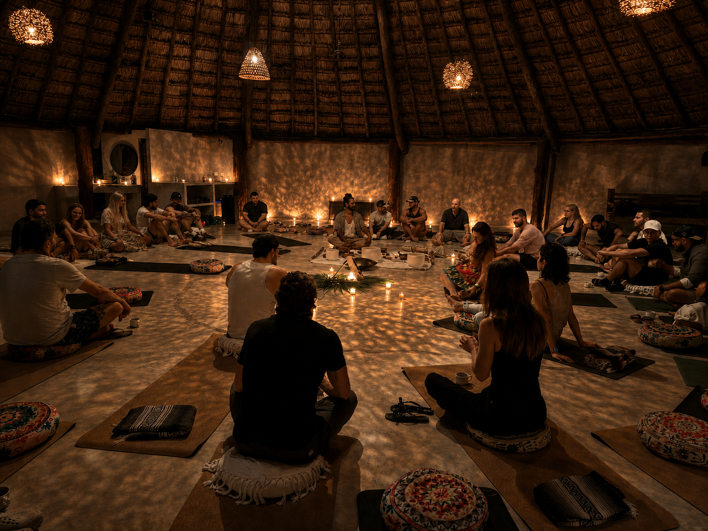 Candlelit ceremony circle in the shala at Amansala
