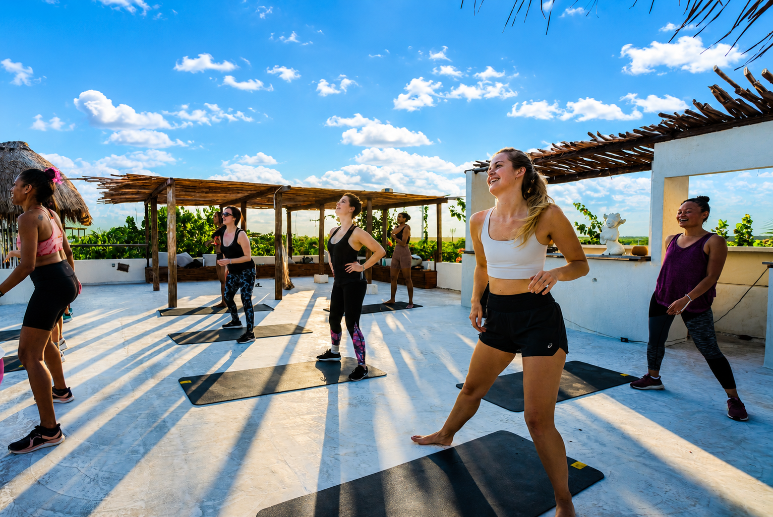 Fitness class on the rooftop terrace at Amansala