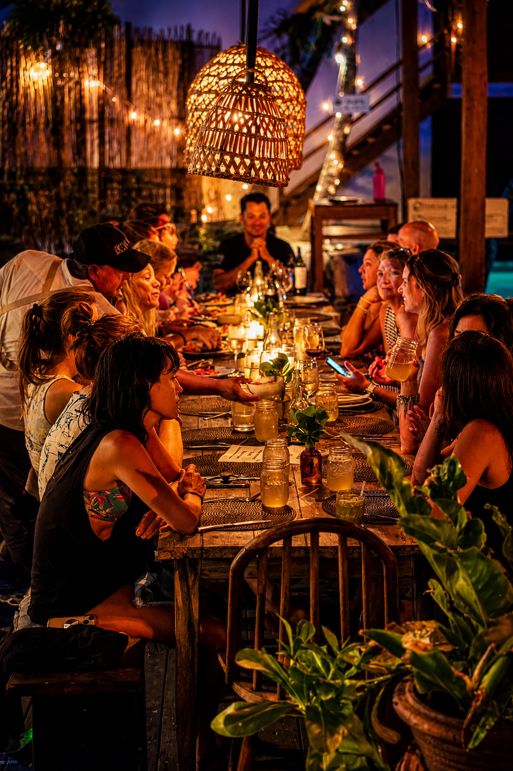 Festive group dinner at night