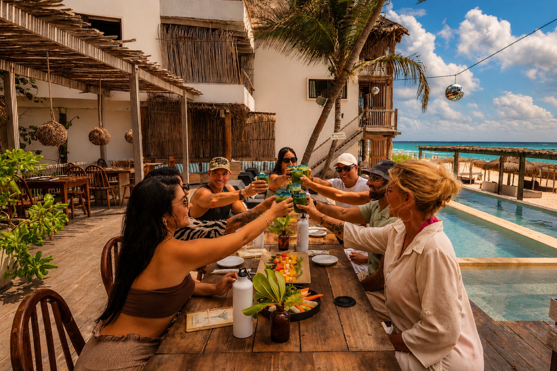 Guests toasting poolside